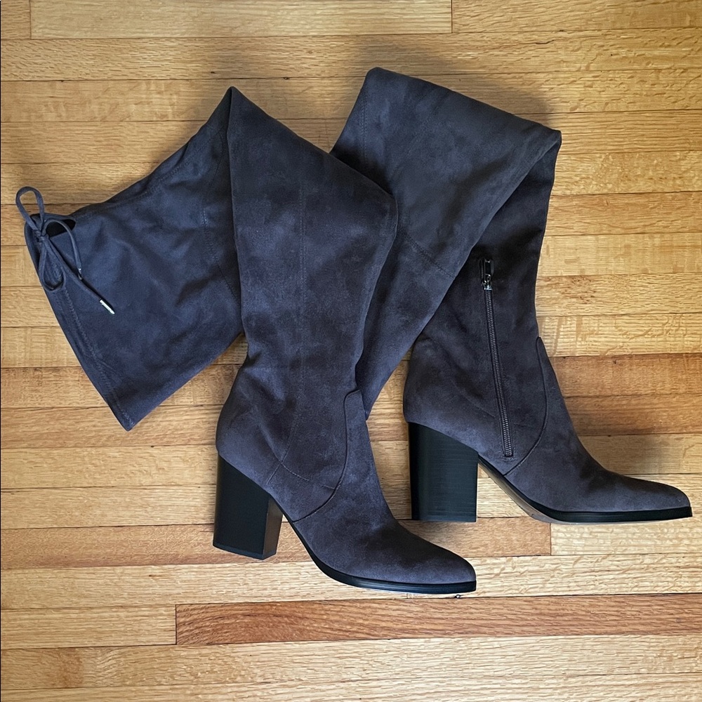 Gray over-the-knee heeled boots
